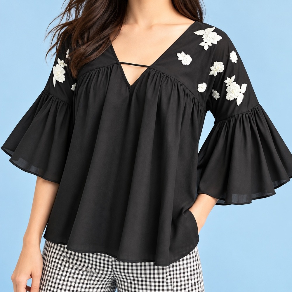 Anthropologie Blouse Size M Black Floral Embroidered Bell Sleeve EUC